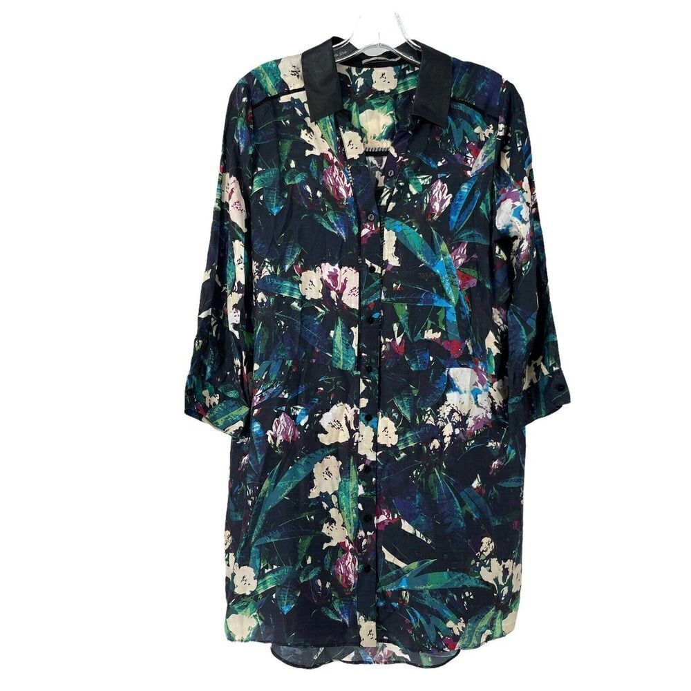 Townsen Dress Silk Blend Floral Mini Shirt Dress Vegan Leather Collar Size Small